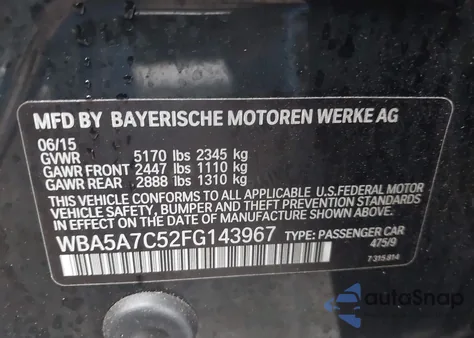 2015 BMW 528I xDrive from USA, damaged, VIN WBA5A7C52FG143967